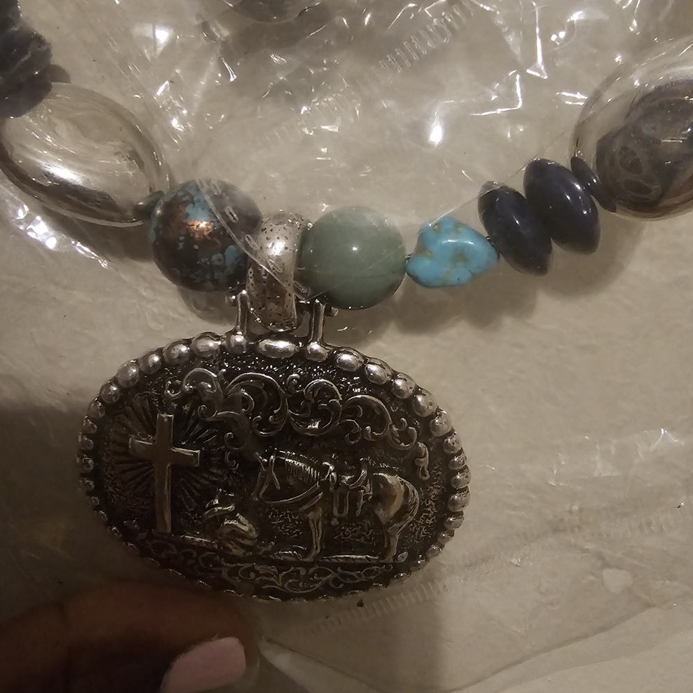 Silver-Tone Horse & Cross Pendant Necklace with Turquoise and Blue Beads